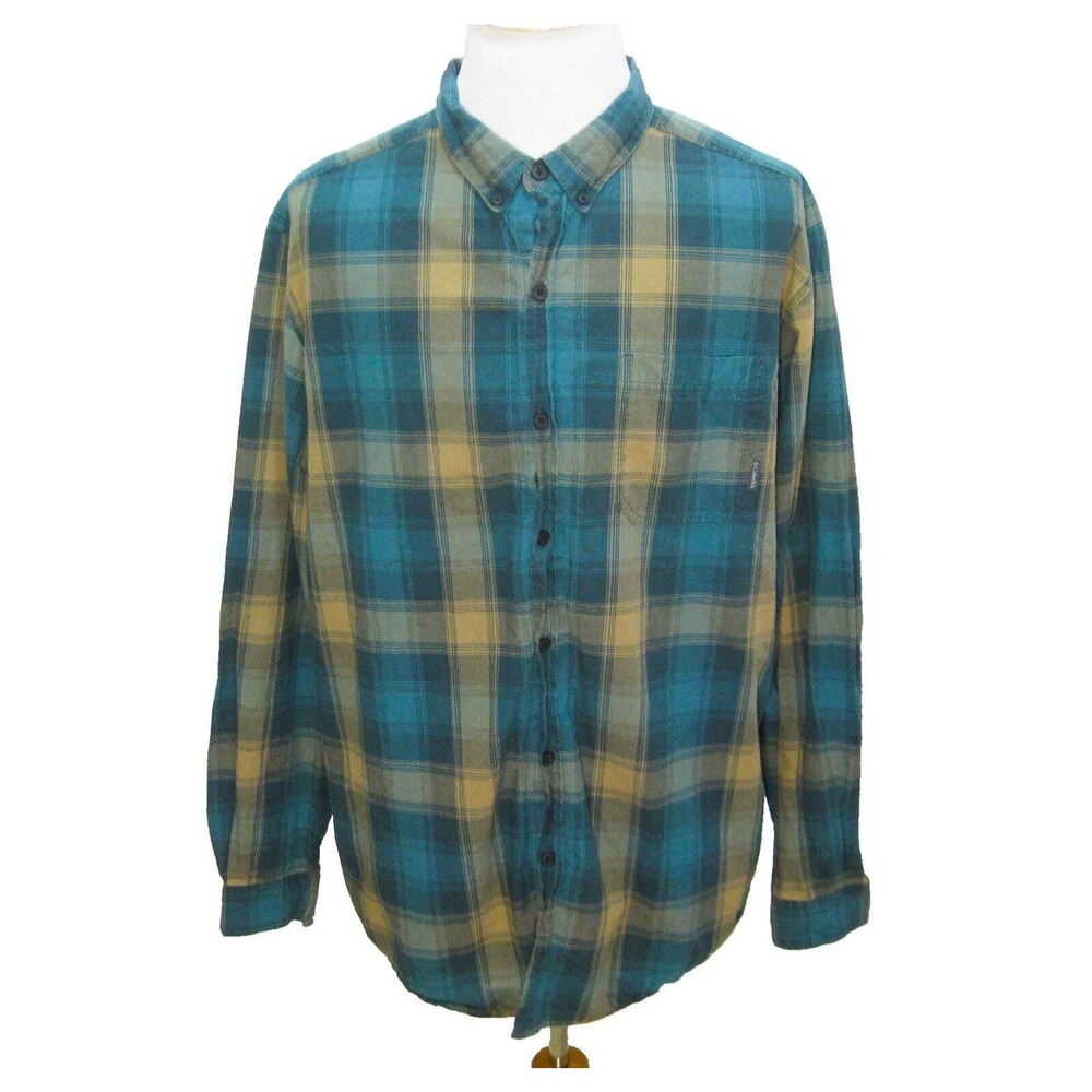 COLUMBIA Men's (Size XLT) Blue Brown Plaid Long Sleeve Button Front Shirt Cotton